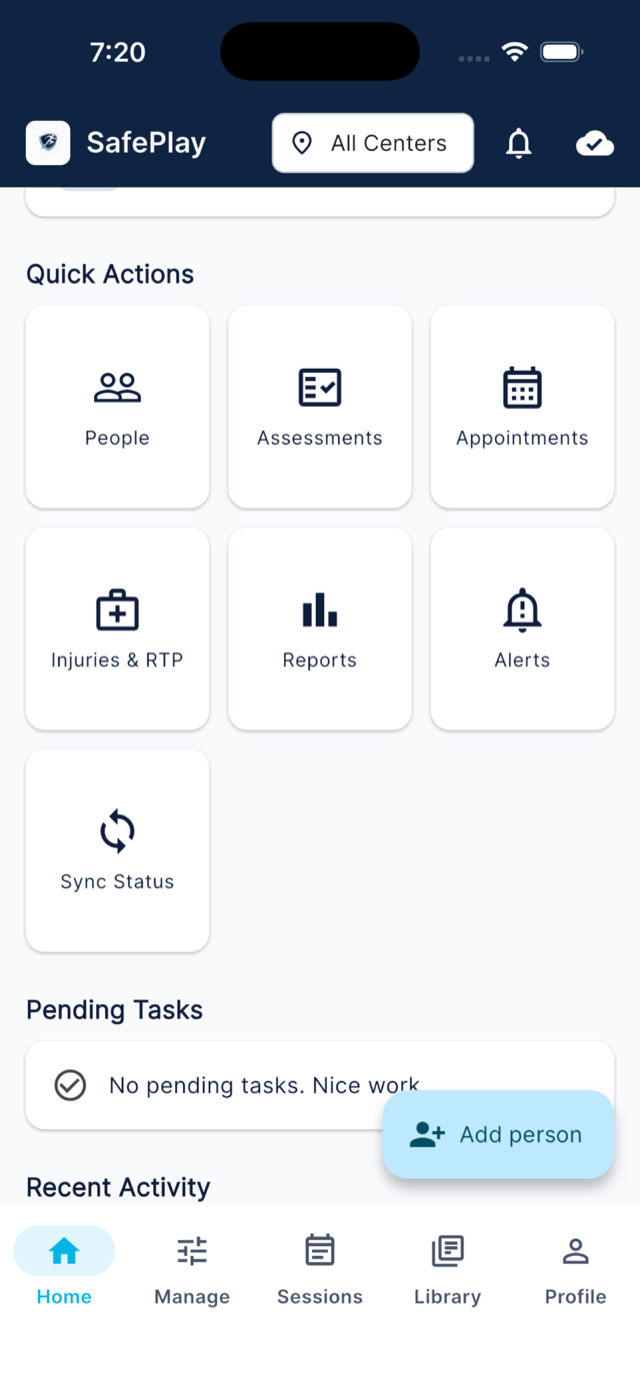 SafePlay app home dashboard
